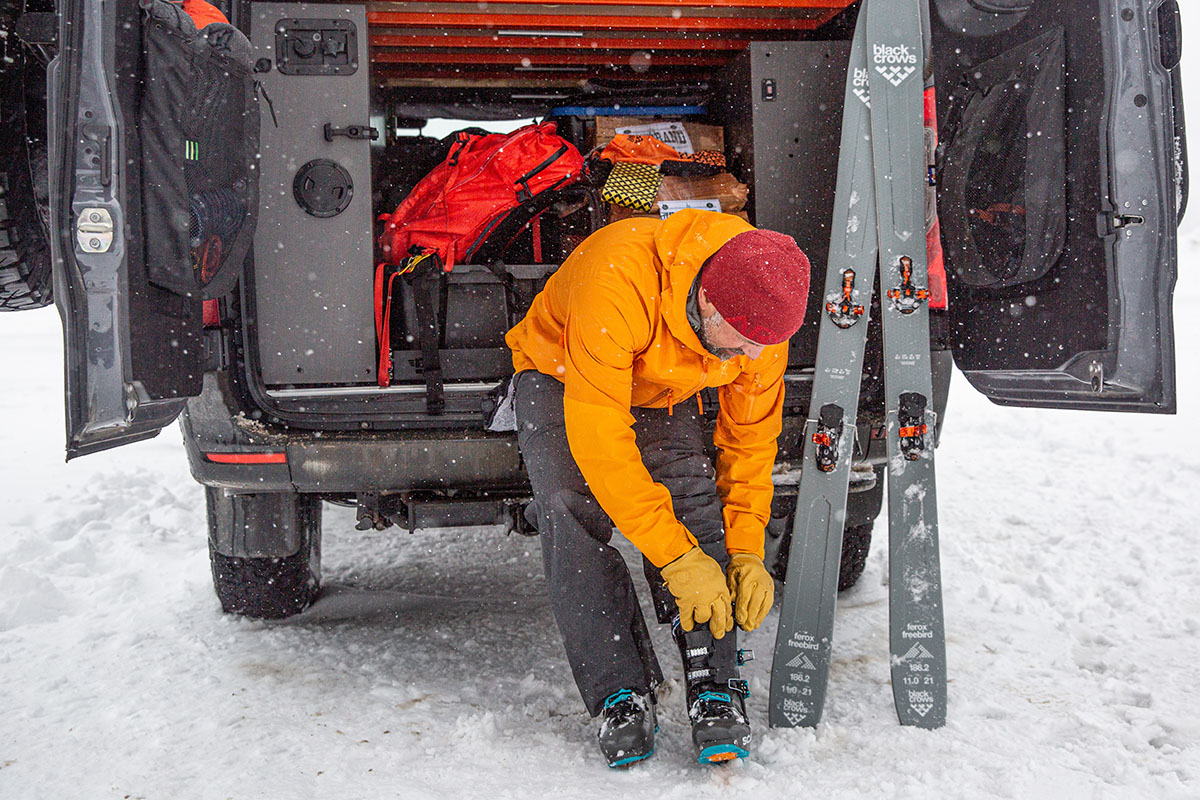 Scarpa Maestrale XT ski boot (putting boots on at van)